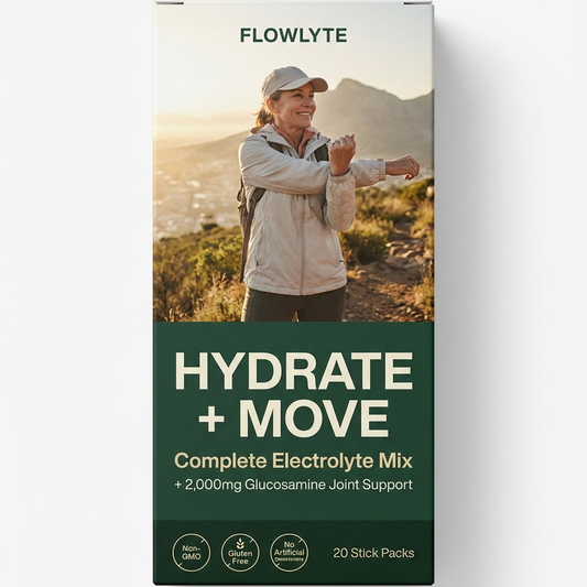 Box of Flowlyte Hydrate + Move electrolyte mix with a person hiking in the background.